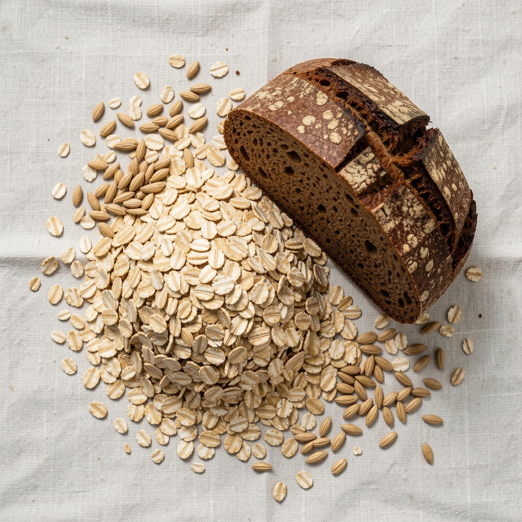 Verschiedene Vollkornprodukte — Haferflocken, dunkles Brot und Getreidekörner — auf einem hellen Leinentuch, Draufsicht, Tageslicht