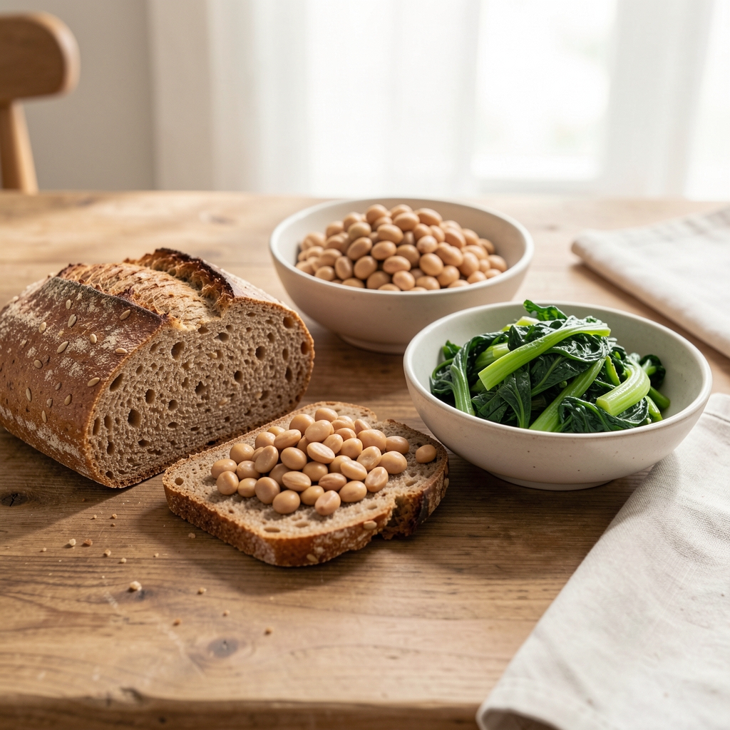 Vollkornbrot, Hülsenfrüchte und gedämpftes Blattgemüse in Schalen, ruhige editoriale Tischszene, helles Tageslicht